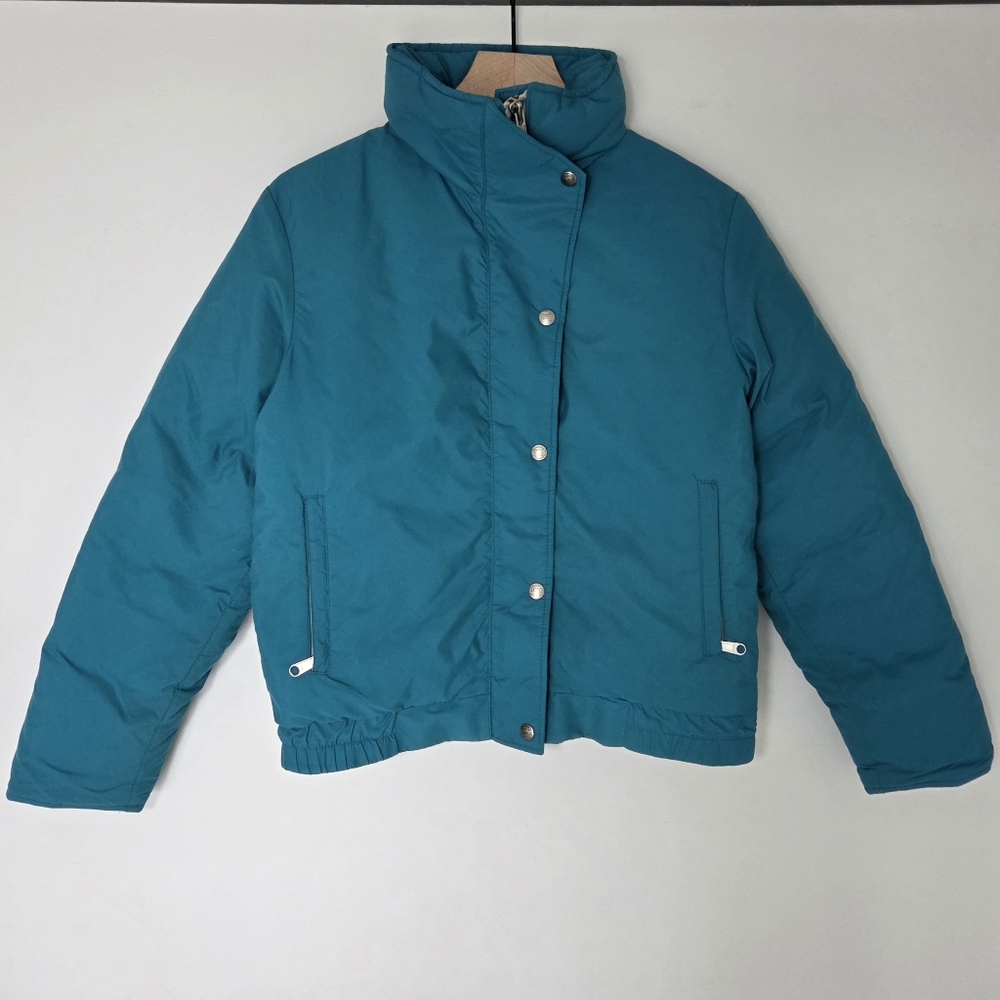 Vintage L.L. Bean Teal Down Puffer Jacket Cropped Snap Front Womens Size Medium